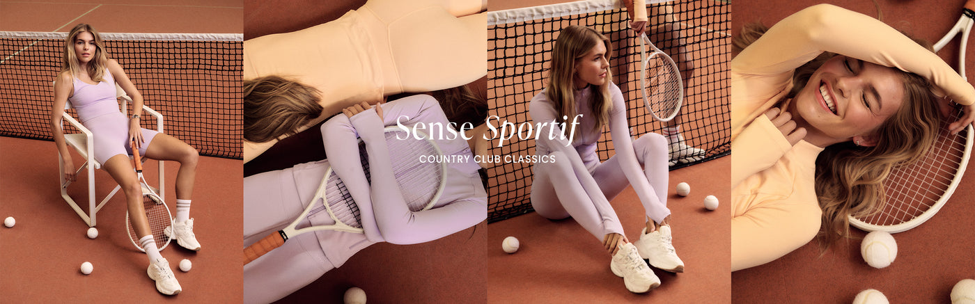 A collage shows a model in aim'n's Sense Sportif collection workout clothes, featuring a color palette dominated by soft pastel shades like lavender and peach/sorbet-colored. The photos are taken on a tennis court and include tennis-related elements, with the text "Sense Sportif - COUNTRY CLUB CLASSICS" prominent in the center.