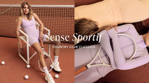 A collage shows a model in aim'n's Sense Sportif collection workout clothes, featuring a color palette dominated by soft pastel shades like lavender and peach/sorbet-colored. The photos are taken on a tennis court and include tennis-related elements, with the text "Sense Sportif - COUNTRY CLUB CLASSICS" prominent in the center.