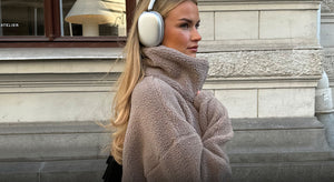 Model wearing Dark Clay Pile Anorak